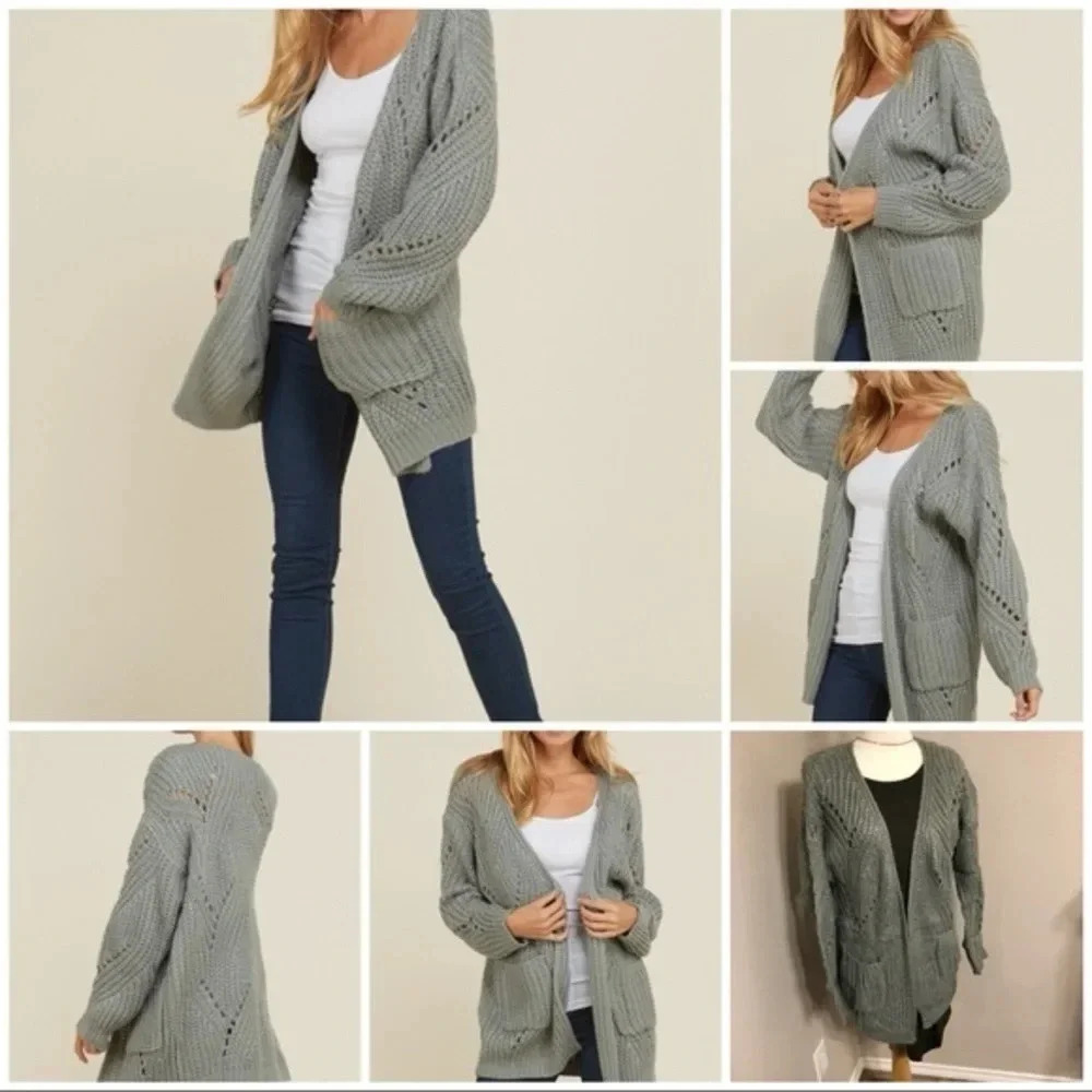 NWT annabelle Boutique sage gray open front cardigan sweater pockets L/XL